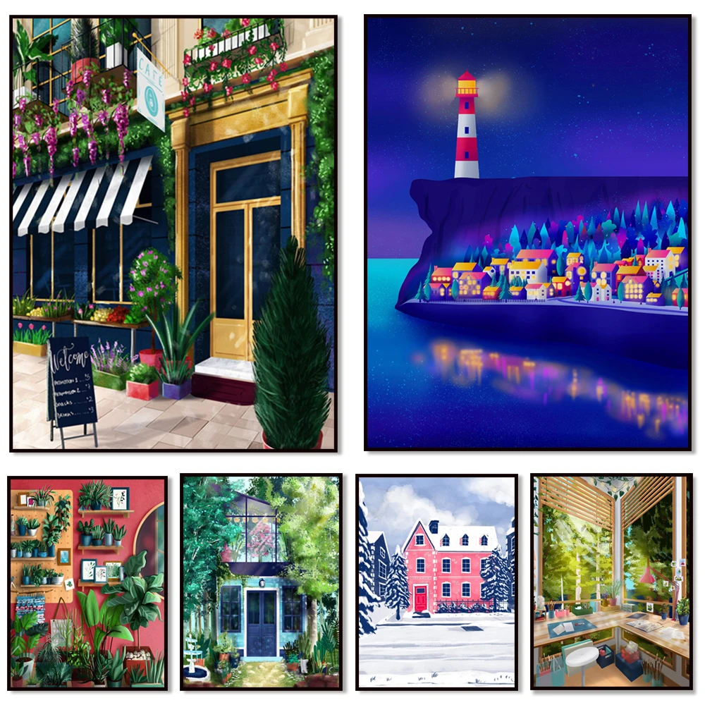 Plants, igloo, lighthouse in cozy town by the bay at night, pier roof at dawn, wacky breakfast food making process art poster