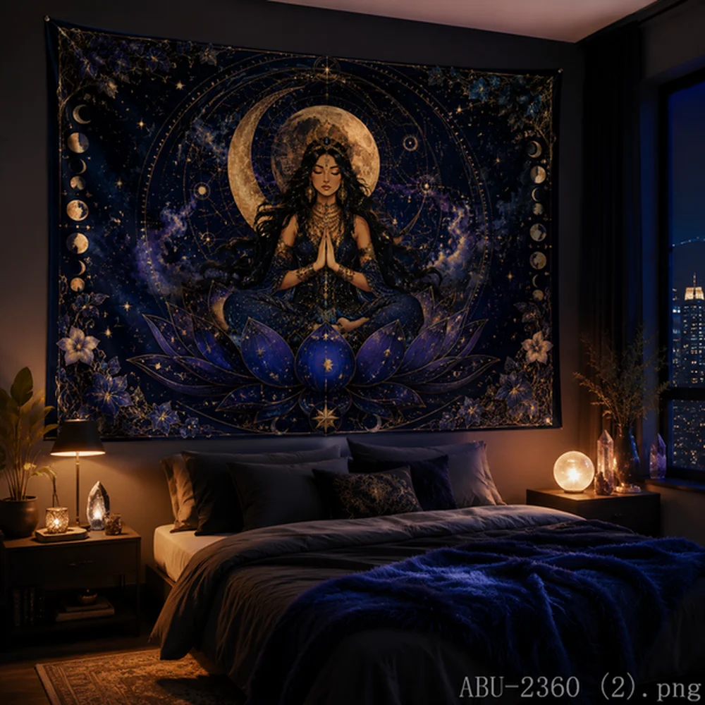 VIKAMA Wiccan Moon Cat Tapestry, Navy Blue Galaxy & Floral Pattern Wall Art, Aesthetic Home Decoration