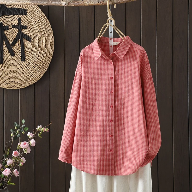 Original Japanese Style Casual Long Sleeve Cotton Shirt Women's Spring Versatile Top Turn-down Collar Pure Cotton Plaid Shirt...