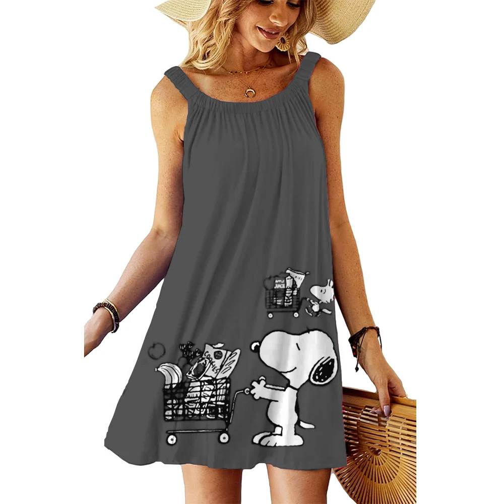 스누피 카와이 여성 비치 드레스 S-3XL 여름 애니메이션 Boho 우아한 세련된 드레스 슬링 젊은 여성 의류 Sanrio Y2k 2025 섹시한