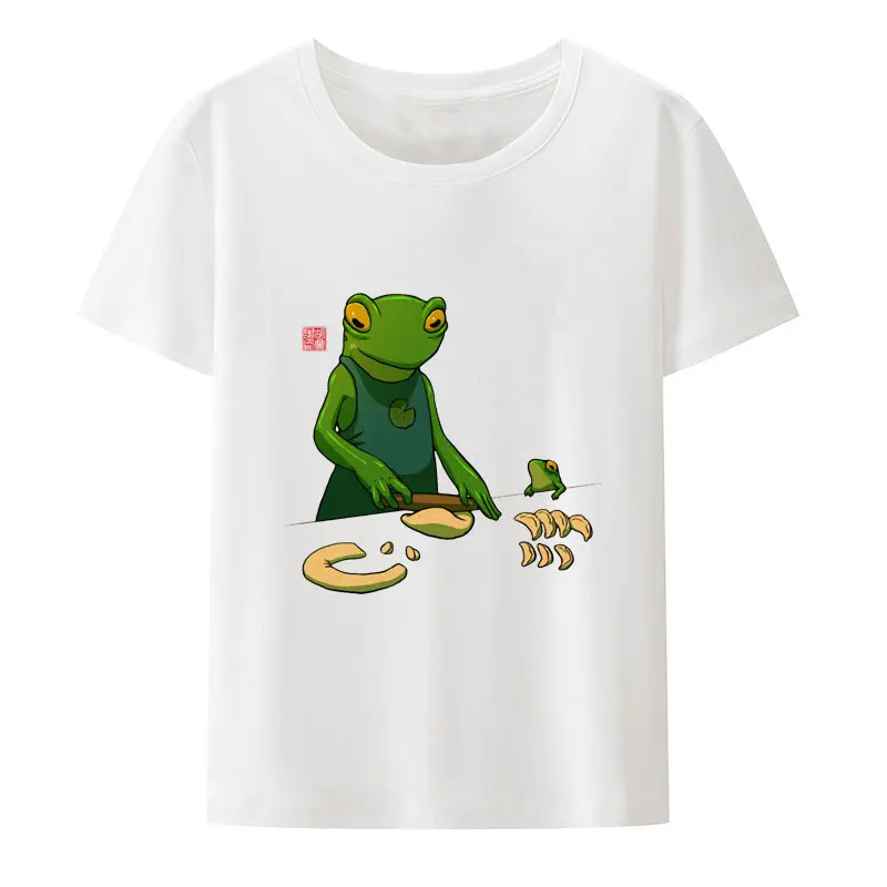 Frog and Her Sprog Making Dumplings Print T Shirt Gift Kawaii Clothes for Women Clothing Cartoon Streetwear Camisa Hipster Tops