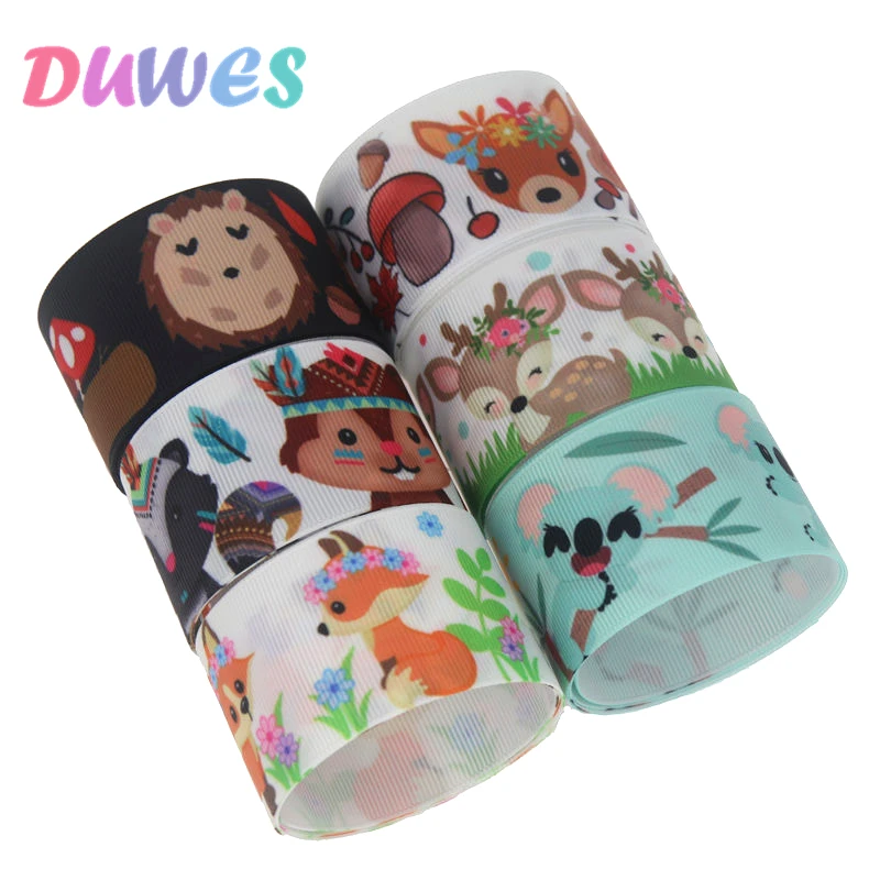 DUWES 1.5'' 50yards animals sloth fox Printed Grosgrain Ribbon Accessory Hairbow Headwear Decoration DIY Wholesale 38mm D1240