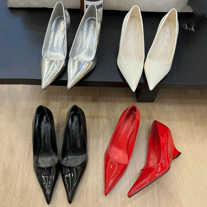 Designer Pointed Toe Wedges High Heels Sexy Women Pumps Silver Red Shoes Wedding Banquet Dress Shoes Brand Office Shoes Women