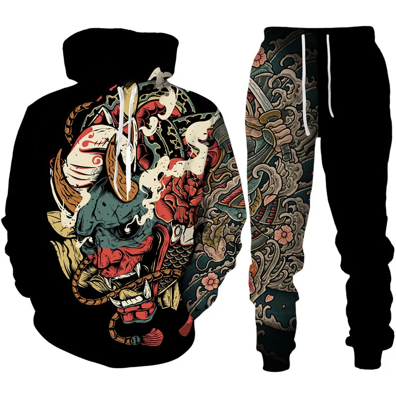 Japan Samurai Oni Mask Tattoo Art 3D Print Tracksuit Sets Casual Hoodie + Pants 2pcs Sets Fashion Man Woman Harajuku Streetwear