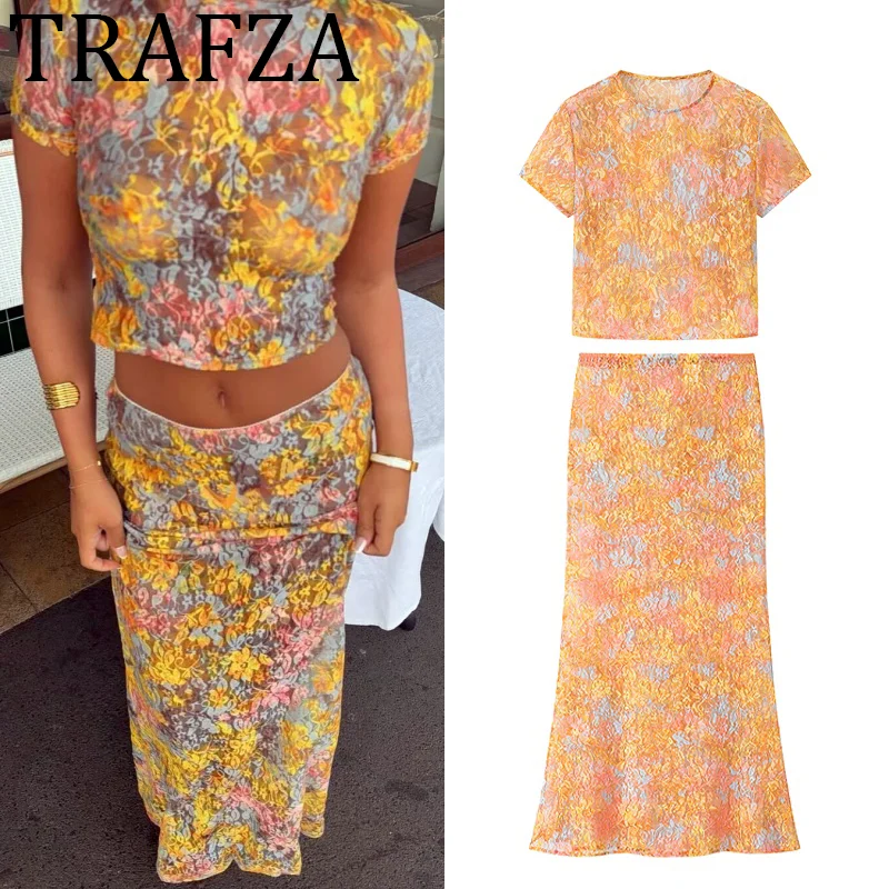 

TRAFZA 2025 Women Long Skirt Sets Printed Short Sleeve Crop Top+High Waist Wrap Skirt New Two Piece Set Summer Lady Sexy Outfits