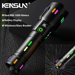 High Power Spotlight Long Range LED Flashlight With Luminous StripsTail Glass breaker Zoomable Torch For Camping Emergency