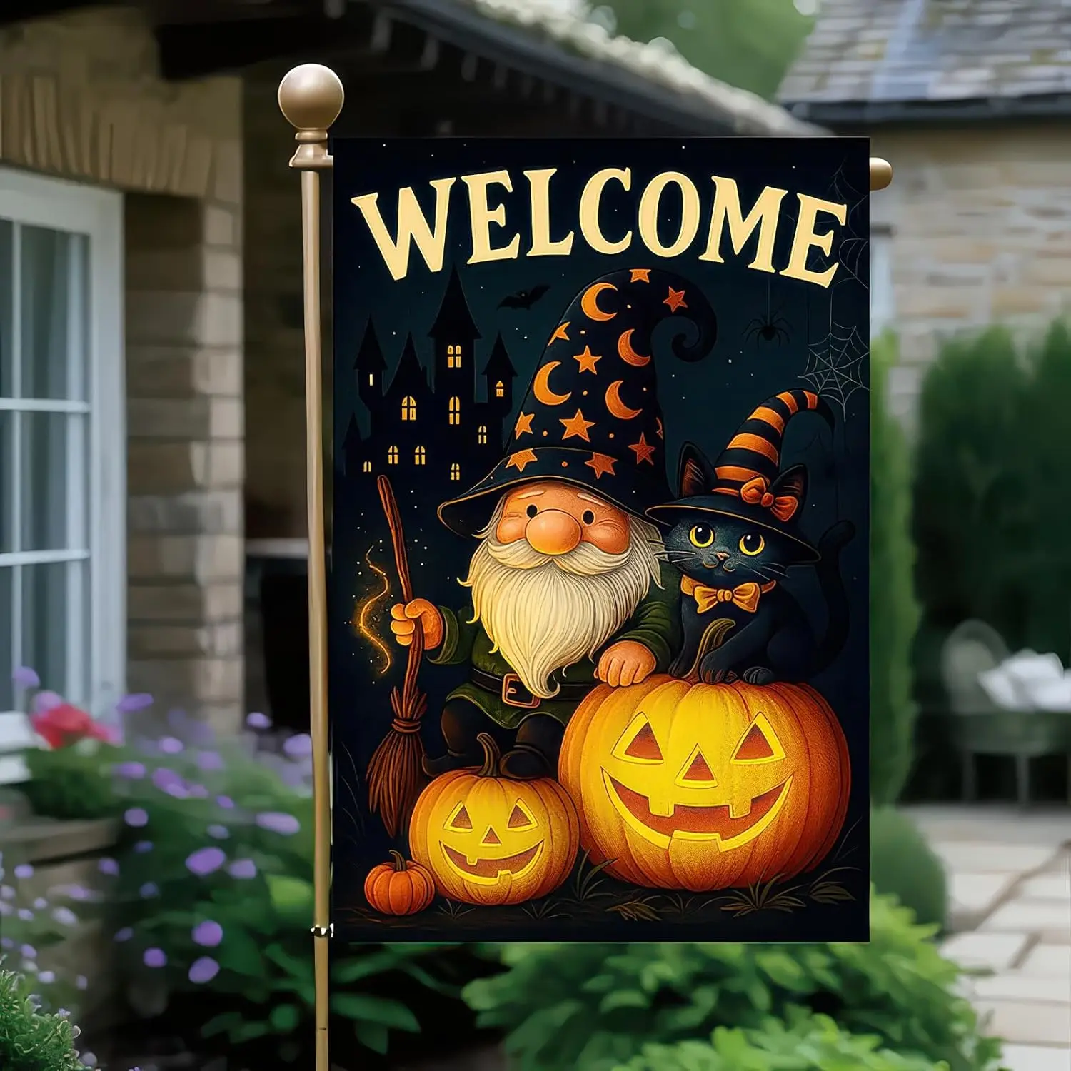 BlissYard Welcome Halloween Garden Flag 12x18 Inch Double Sided Gnome Black Cat Pumpkin Flags Welcome Witch Hat Banner Spide WWP