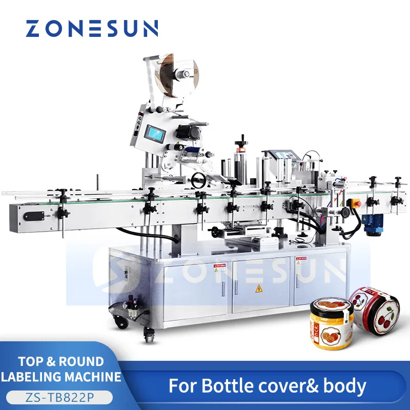 ZONESUN Automatic Labeling Machine Bottle Top and Body Label Applicator Wrap Around Cosmetics Products Packing ZS-TB822P