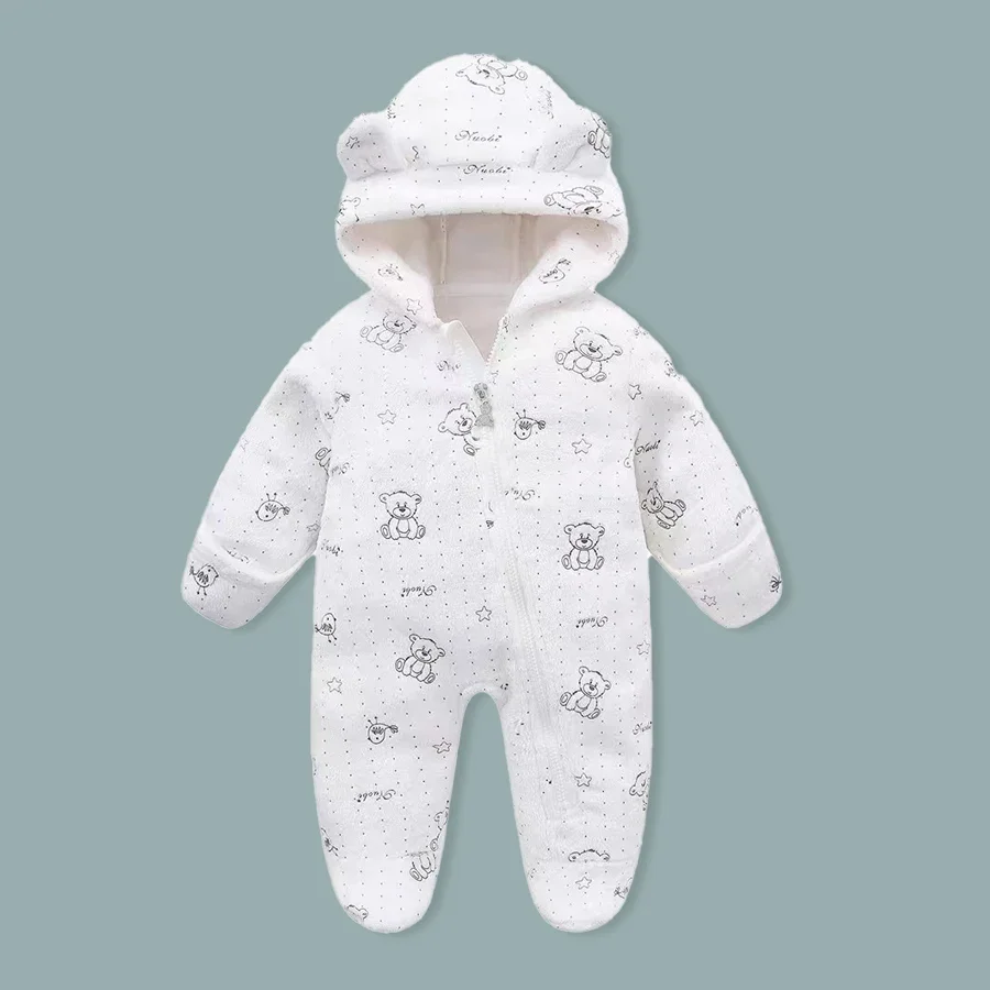 Newborn Baby Girl Hooded Jumpsuit Cartoon Cotton Baby Boy Crawling Suit Warm Baby Clothing for Autumn and Winter