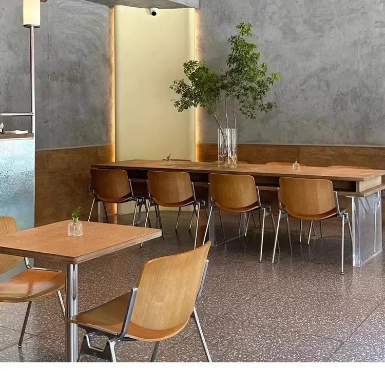 

Popular cafe tea dessert leisure light food shop commercial western restaurant solid wood table and chair with metal leg set