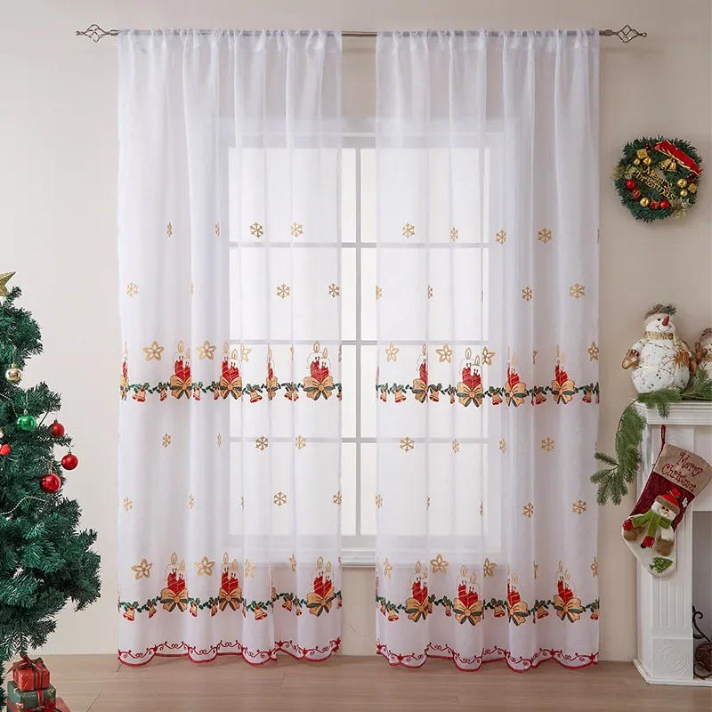 Xmas Curtain American Style Snowflake Embroidered Sheer Voile, Rod Pocket Finished Fabric Curtain, Xmas Home Window Decor