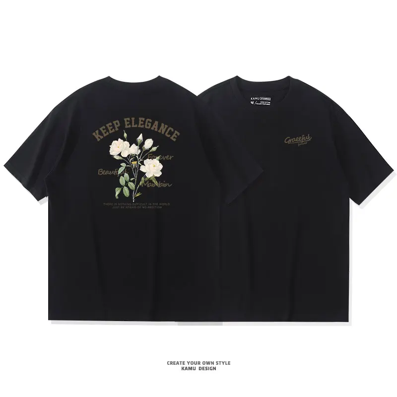 

2025 New American Tide Brand Flower Short-sleeved T-shirt Men's Summer Loose Cotton Printing