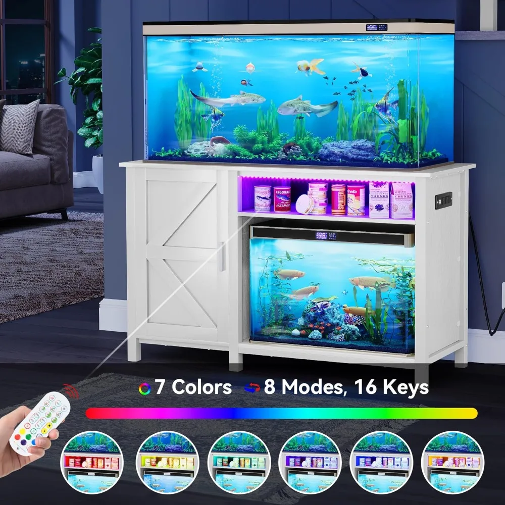 Aquarium Stand with Power Outlets, 55-75 Gallon Fish Tank Stand, Cabinet with RGB Light Strip Suitable for Turtle Tank