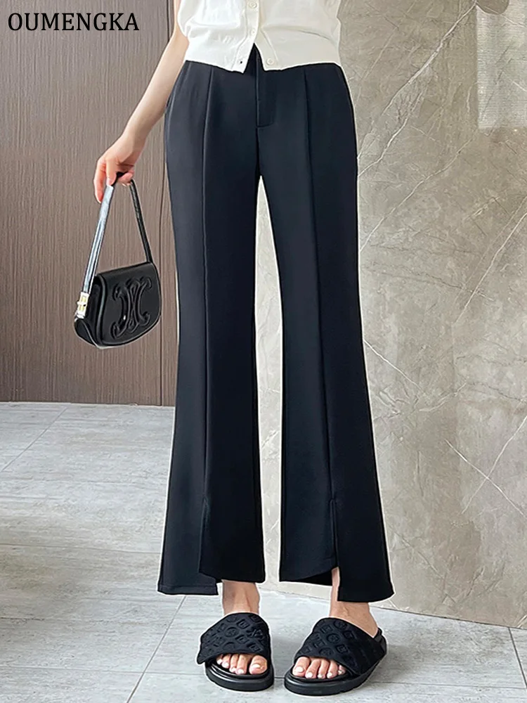 Office High Waist Front Split Pants Women Spring Summer Female Ankle-Length White Suits Pants Ladies Dark Gray Flare Trousers