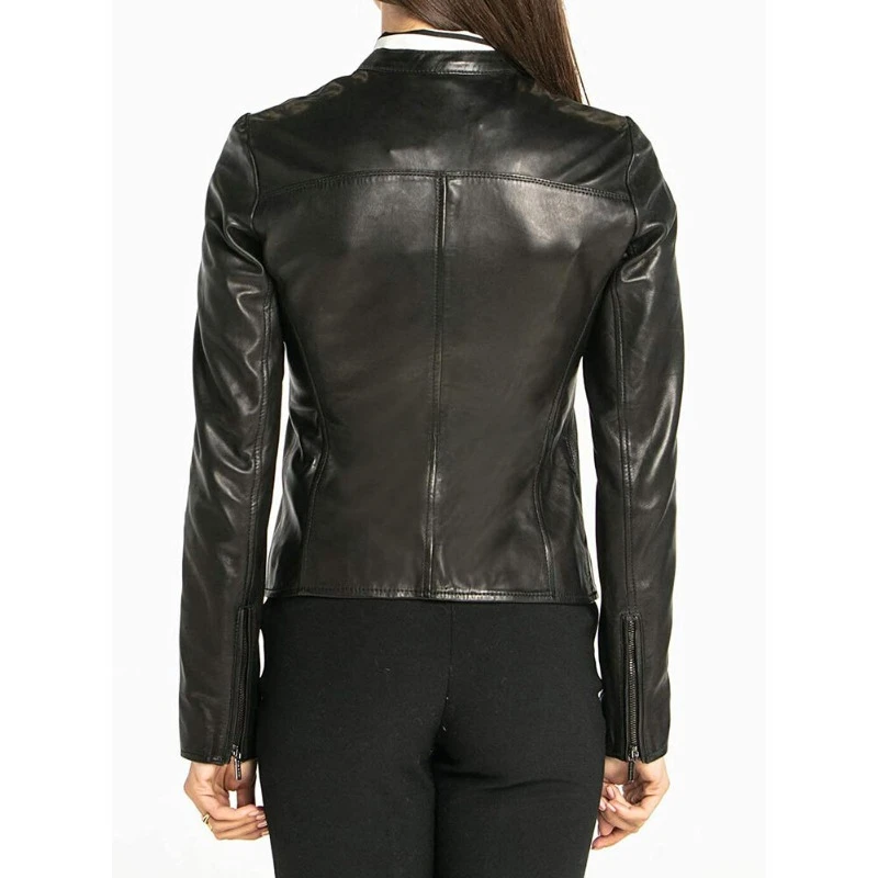 Basic Women Modern Style Genuine Sheepskin Pure Leather Jacket Plain Black Coat