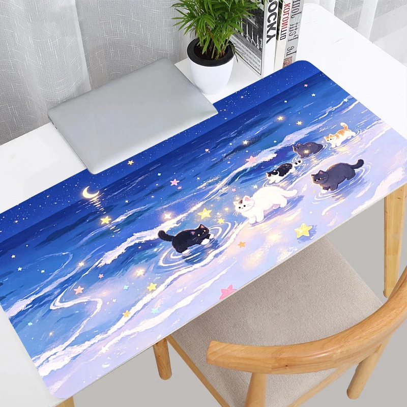 Tapis de souris mignon pour chat, grand tapis de bureau étendu pour clavier et souris, tapis de jeu anti-frayage, tapis de souris motif chaton dessin animé à faible résolution