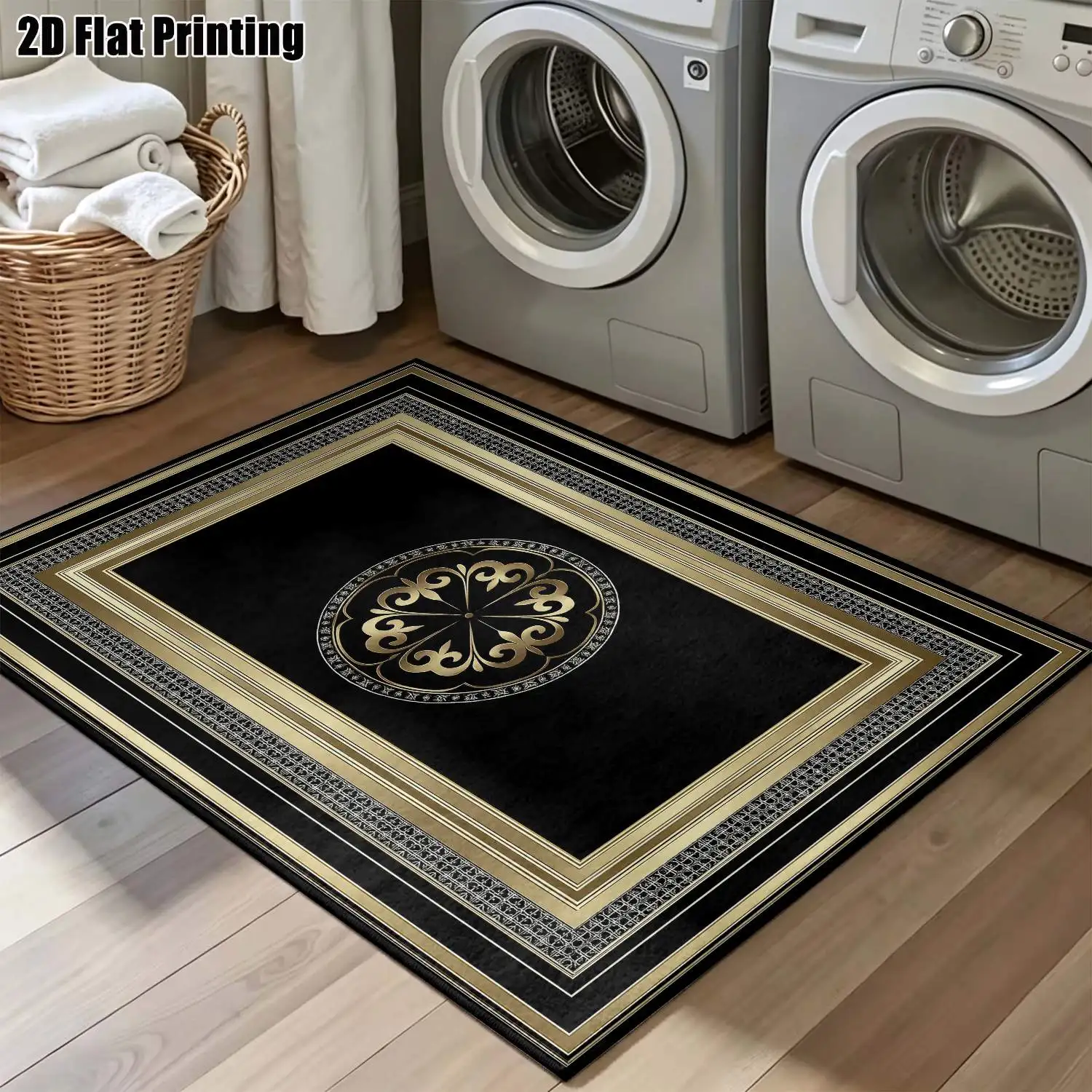 1Pc 2D Printed Carpet: Black & Gold Patterns, Vintage/European/Modern Minimalist Geometric Styles, Multi-Size, Machine Washable, Ideal for Home Decor, Entryway/Living Room/Bedroom/Dining Room/Foyer