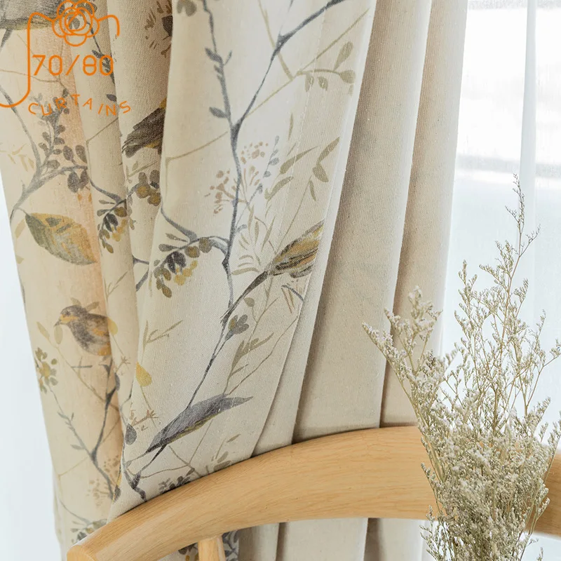 Custom Cotton and For Linen Curtains for Living Room Bedroom Printing Curtains Fabric Bird Branches Retro New Chinese Modern