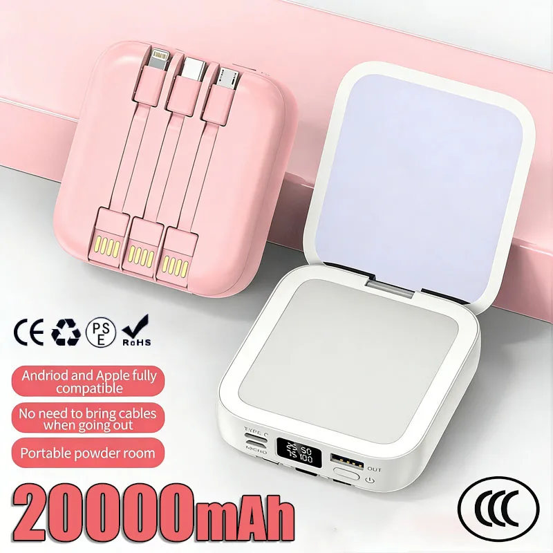 20000mAh Power Bank Fast Charging with Makeup Mirror Built in Detachable Cable External Battery Portable For iPhone Samsung