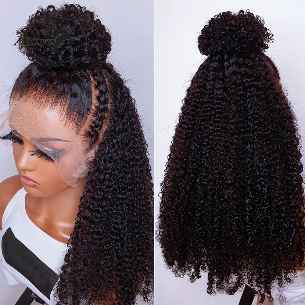 Peluca rizada de encaje frontal para mujer, pelo de bebé Natural, negro, suave, larga, 180de densidad, predesplumada diaria, resistente al calor, sin pegamento, 26 pulgadas