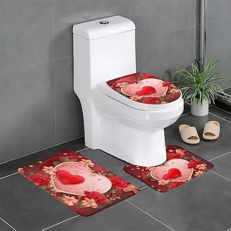 Love Hearts Valentine\'s Day Flowers Florals Bath Rugs 3 Piece Set Bathroom Mat+U-Shaped Toilet Pedestal Rug+Toilet Lid Cover