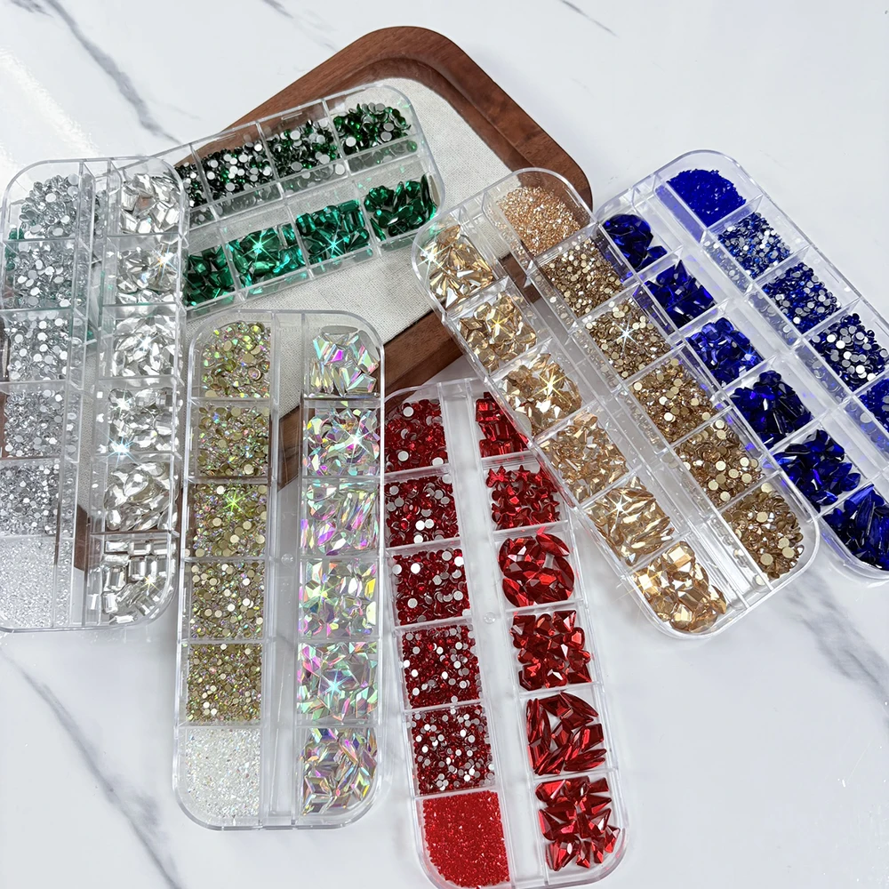 12Grids 3D Red Nail Art Rhinestones Mixed Heart Star Butterfly Round Diamond Nails Decoration Sparkling Gemstones Nails Supplies