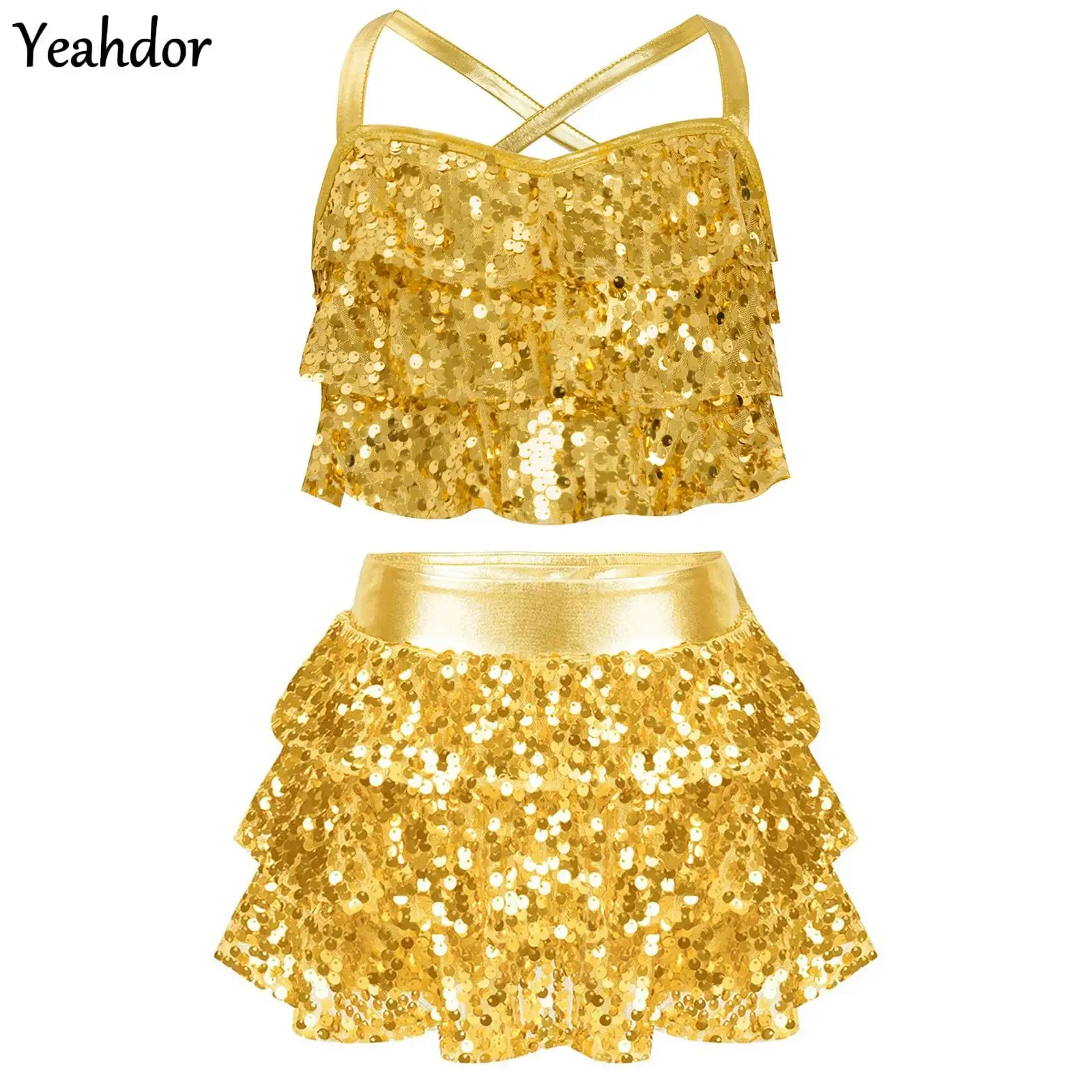 

Teen Girls Jazz Dance Outfit Glitter Sequin Metallic Crop Top with Tiered Culottes Skirted Shorts Cheerleading Dance Costume Set