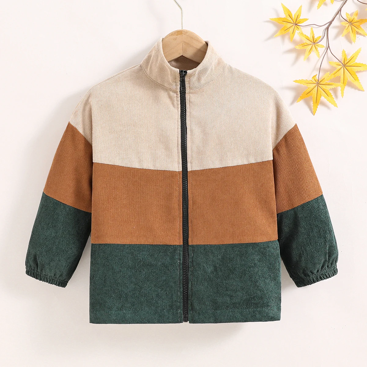 Girls 4‑7Y Spring Autumn Corduroy Jacket Color Block Stand Collar Full Zip Long Sleeve Elastic Cuff Casual Outerwear