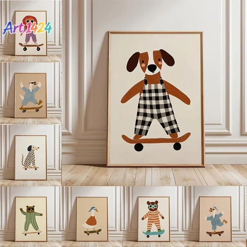 Funny Cartoon Animal Skateboarding Poster Trendy Goose Duck Dog Skate Canvas Painting Wall Art for Room Home Decor