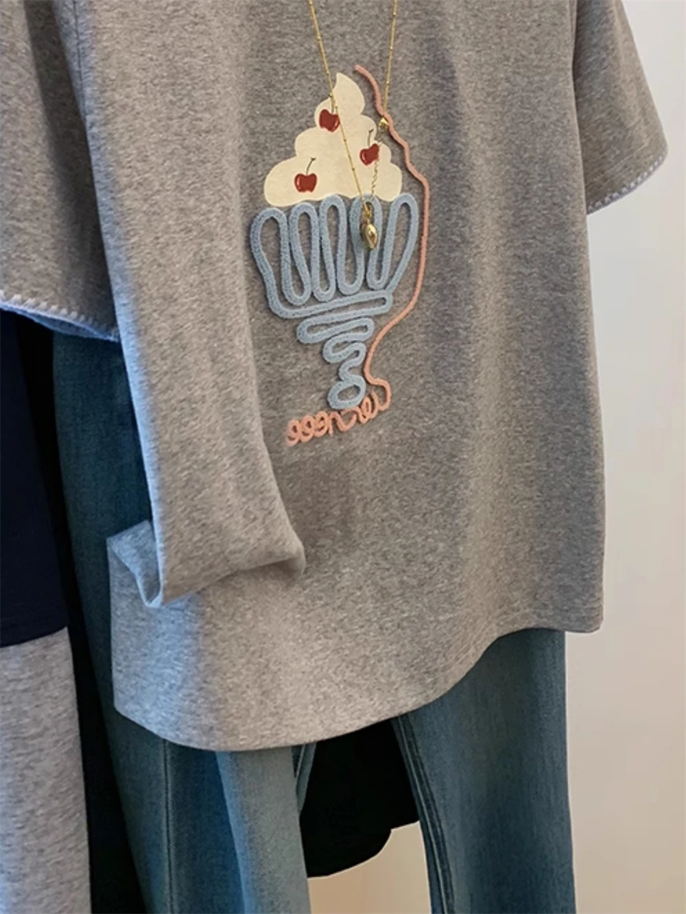 

Корейская футболка Sle Ice Cr ort Sve с вышивкой, повседневный летний дизайн, универсальный свободный крой, круглый топ