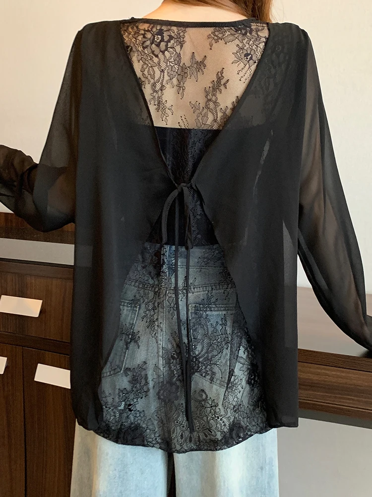 

Женская летняя футболка с кружевными вставками и вырезами, свободного кроя, больших размеров, тонкая, с эффектом похудения, повседневная, стильная