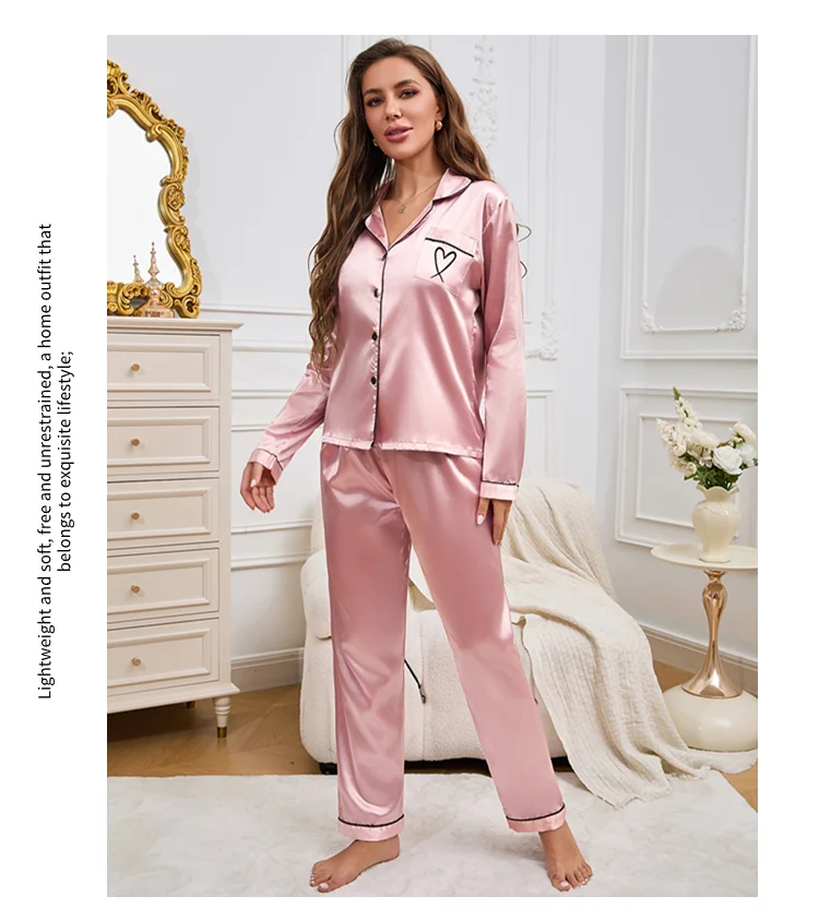 Damen-Pyjama-Set aus Satin, Tasche, herzförmige Stickerei, lange Ärmel, Knöpfe, Revers, Oberteile und elastische Hosen, Loungewear-Pyjama für Damen – Detail 10
