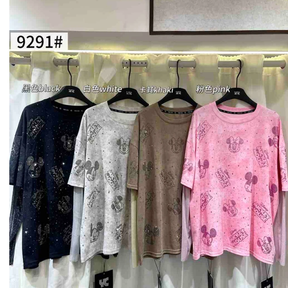 

plus Size round Neck Solid Color T-Shirt with Rhinestones Short Sleeve Summer New Style Women's Fashion Sparkling Top