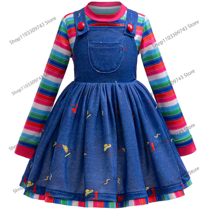 

New Girls Dress 2024 Halloween cosplay Ghost Baby Dress Two Piece Set Striped Long sleeved Top+Denim Strap Fluffy Dress