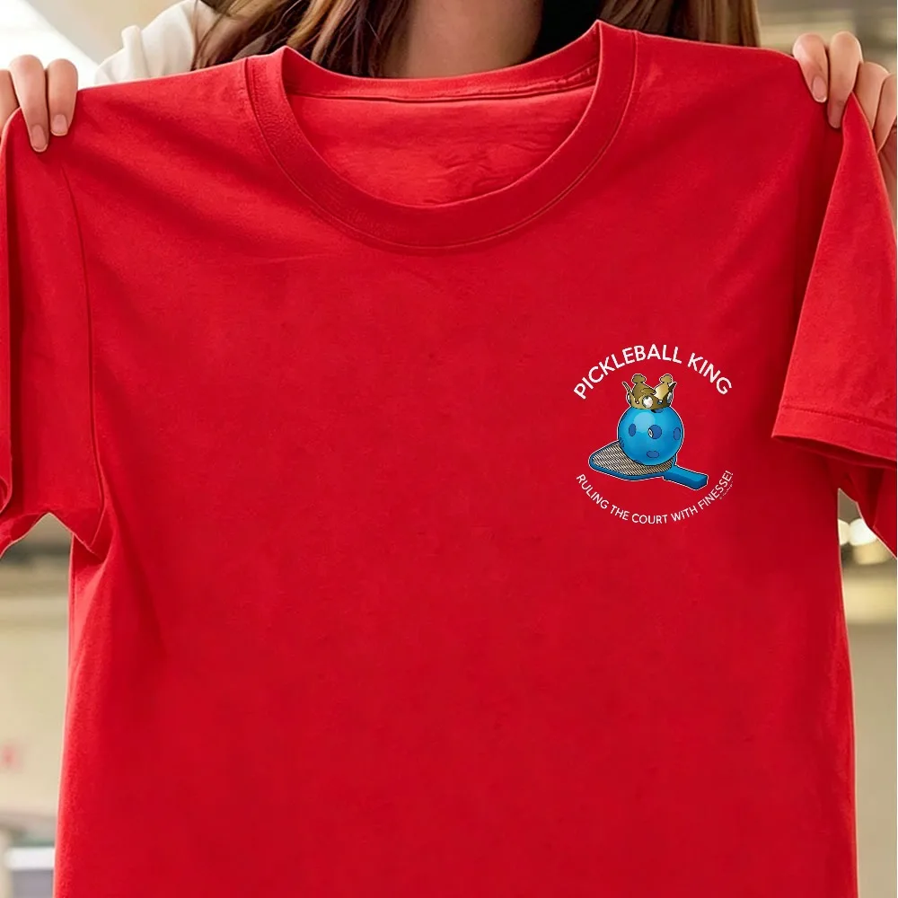 With Pickleball Ball Crown Paddle King Text Court Phrase Blue Ball Gold Crown White Text Pink Shi Short Sleeve Cotton T-Shirt