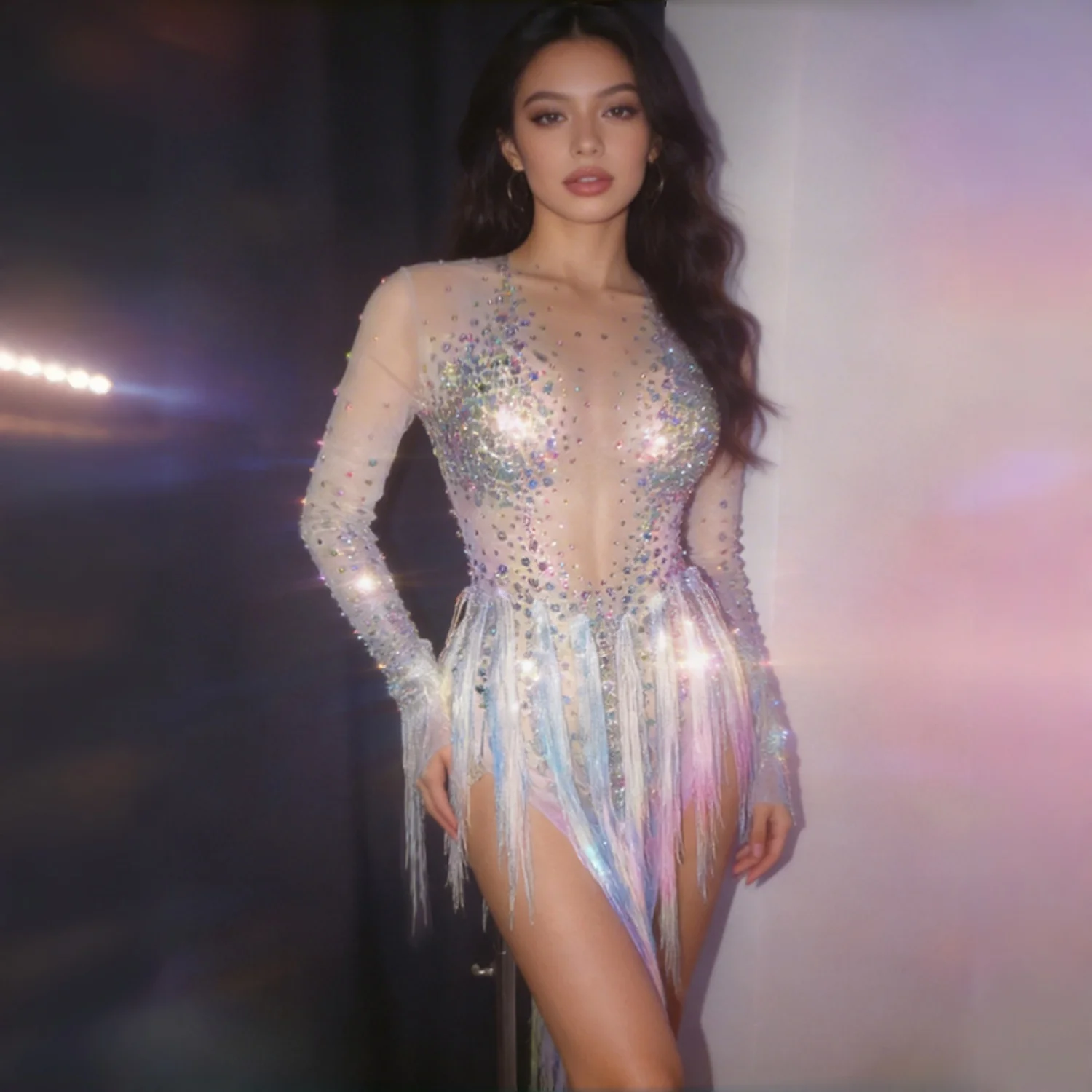 Iridescent Sparkly Crystal Rhinestone Tassel See Through Mesh Bodysuit Women Long Sleeve Nightclub Party Dance Show Wear Mihuan