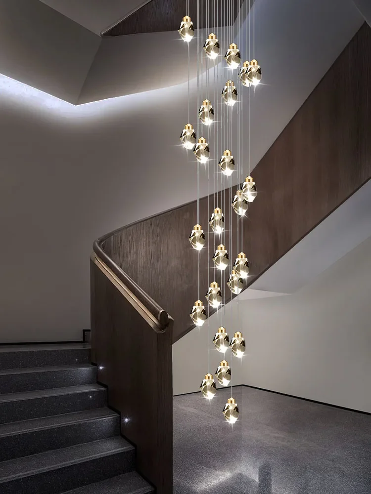 Nordic Stairscase Crystal Ceiling Chandeliers for Living Room Loft Stairway Hallway Loft Diamond Crystal  Hanging Chandelier