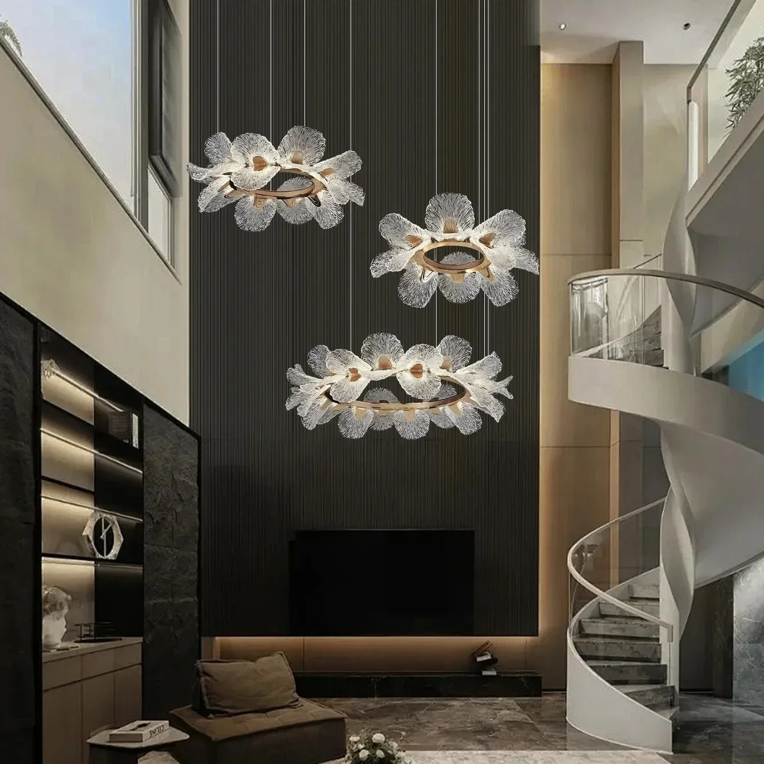 Modern Flower Style Duplex Staircase Chandelier Carving Pendant Lamp Villa High Ceiling Hanging Light for Living Room Hallway
