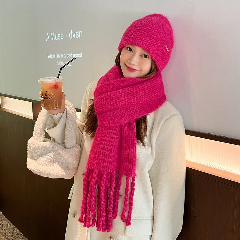 

Autumn and winter dopamine knitted tassel scarf women's all-white solid color bib set hat warm thick shawl