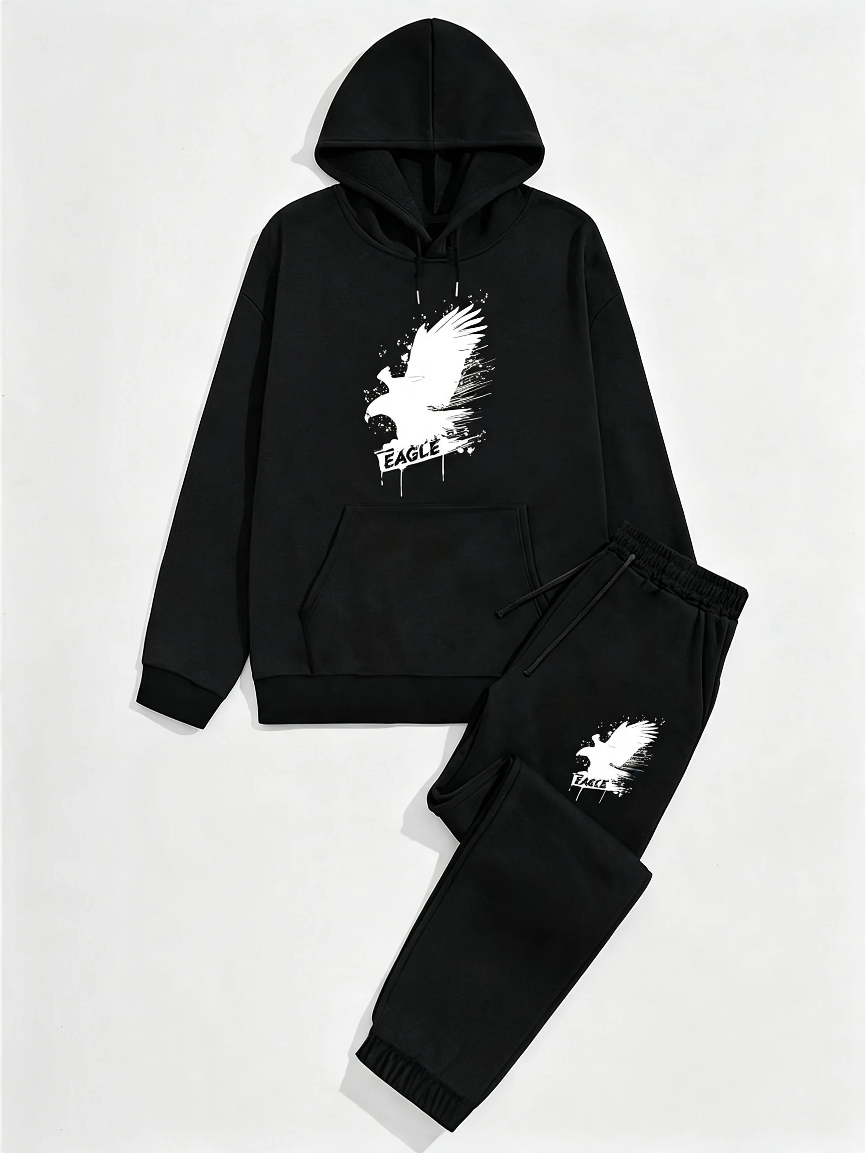 New Men's Fashion Statement Print Autumn-Winter Long Sleeve Hooded Sweatshirt and Casual Jogger Pants Set