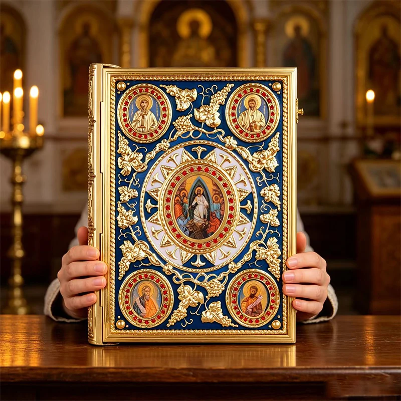 Orthodox Gospel Book Cover Gold Plated Metal Orthodox Bible Cover with Four Evangelists Icons Byzantine Style Gospel Cover Litur