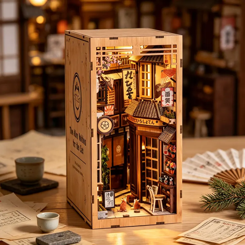 DIY Miniature Dollhouse Book Nook Kit with LED Light Handmade 3D Puzzle Assembly Building Model Bookshelf Wooden Decor Xmas Gift