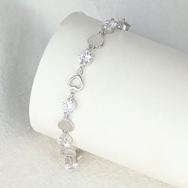 925 Sterling Silver Heart Zircon Bracelet for Women Girls Korean Fashion Sweet Cool Hollow Heart Bracelets Party Jewelry Gifts