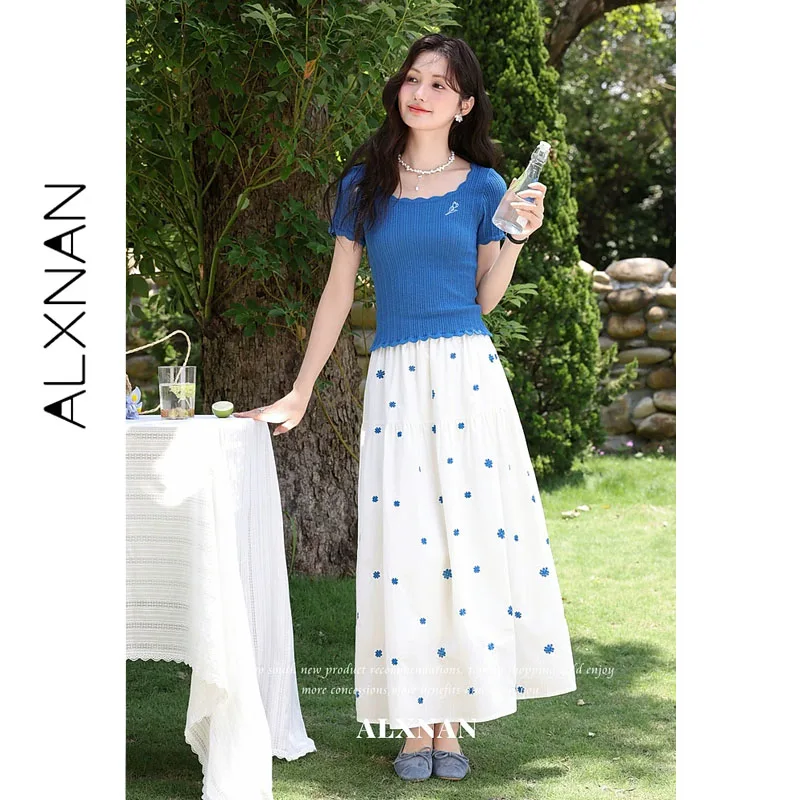 ALXNAN White Tiered Skirt Small Blue Floral Embroidery Double-layer Splicing Long Skirts Cotton 100% Elegant Clothing L658119