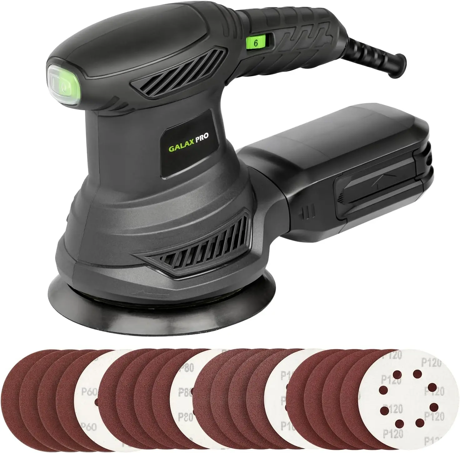 

2.5A Rotary Orbital Sander, 300W Electric with 6 Speeds 6000-13000RPM, Includes Sandpapers and Dust Canister for Woodworking