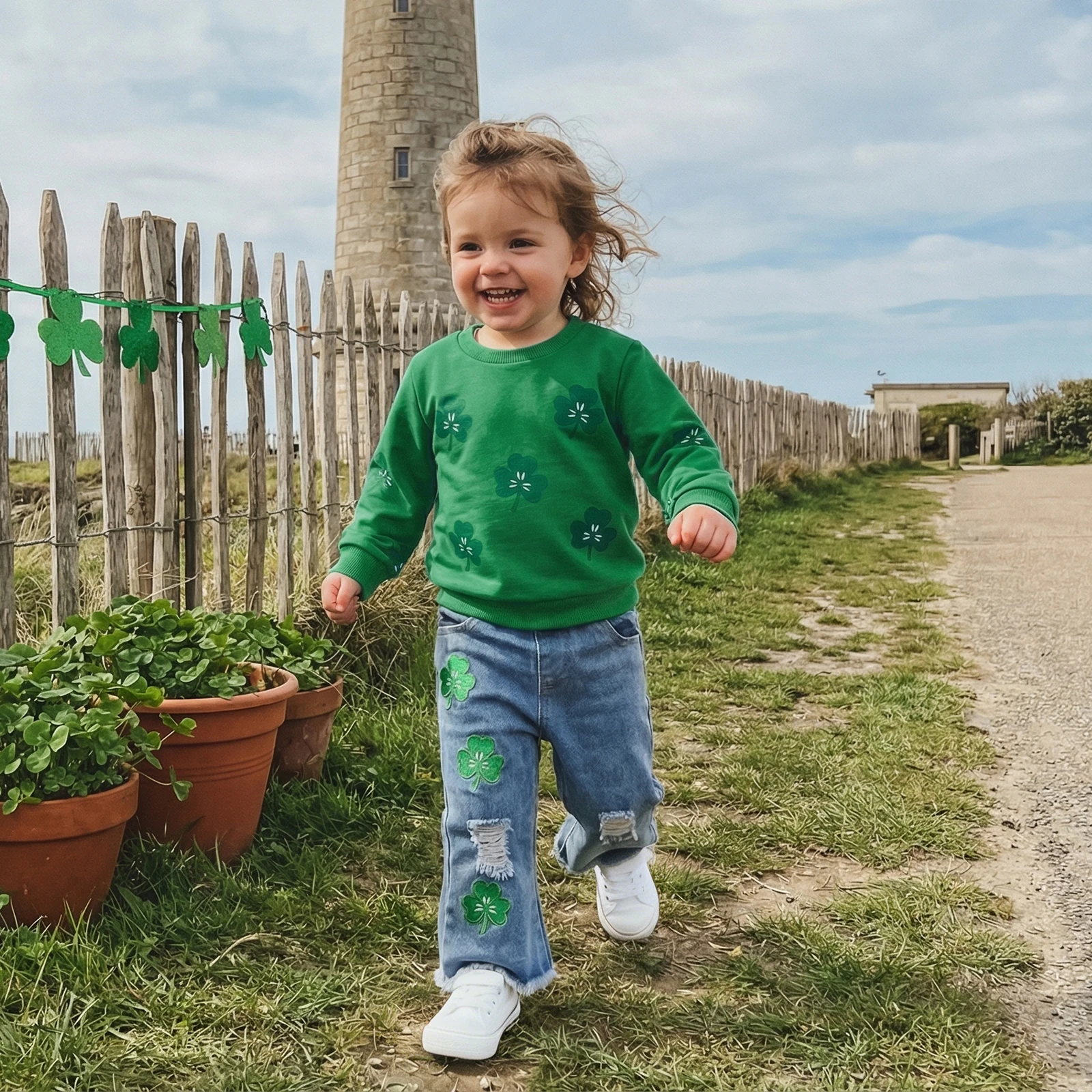 Kids Girls St. Patrick's Day 2Pcs Outfits Cute Shamrock Print Long Sleeve Crew Neck Sweatshirt and Ripped Denim Flared Pants Set