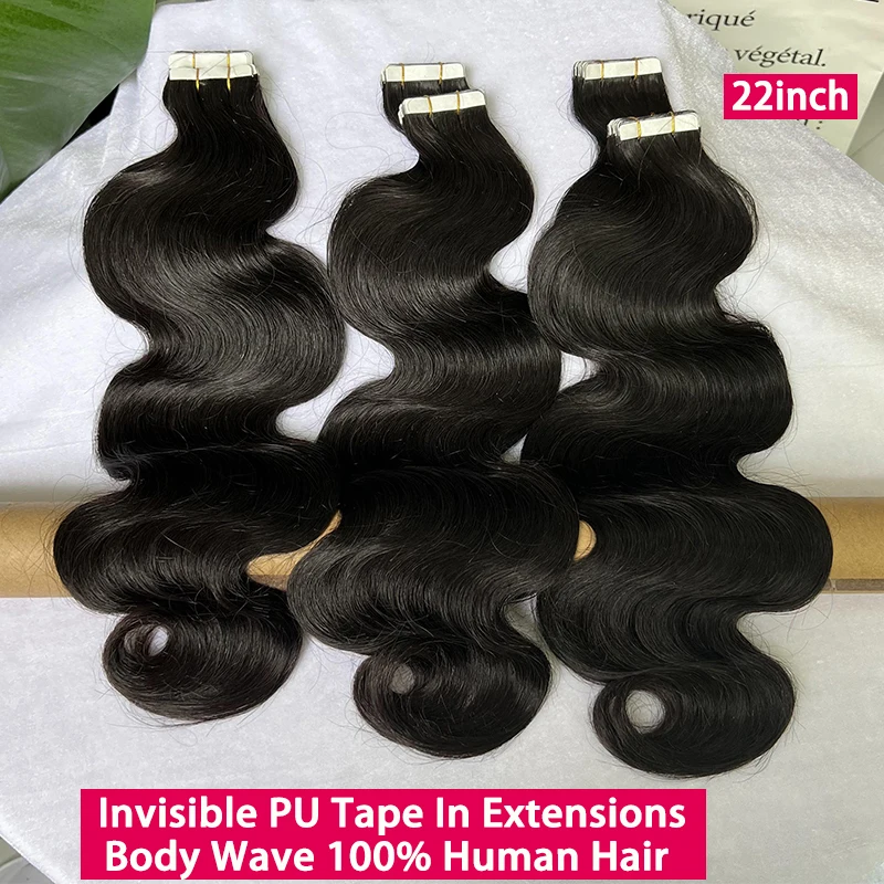 شريط غير مرئي في ملحقات الجسم موجة 100% شعر بشري سلس بولي Skin لحمة جلدية مربوطة يدويًا شريط إضافي 100 جرام شعر خام # 1ب