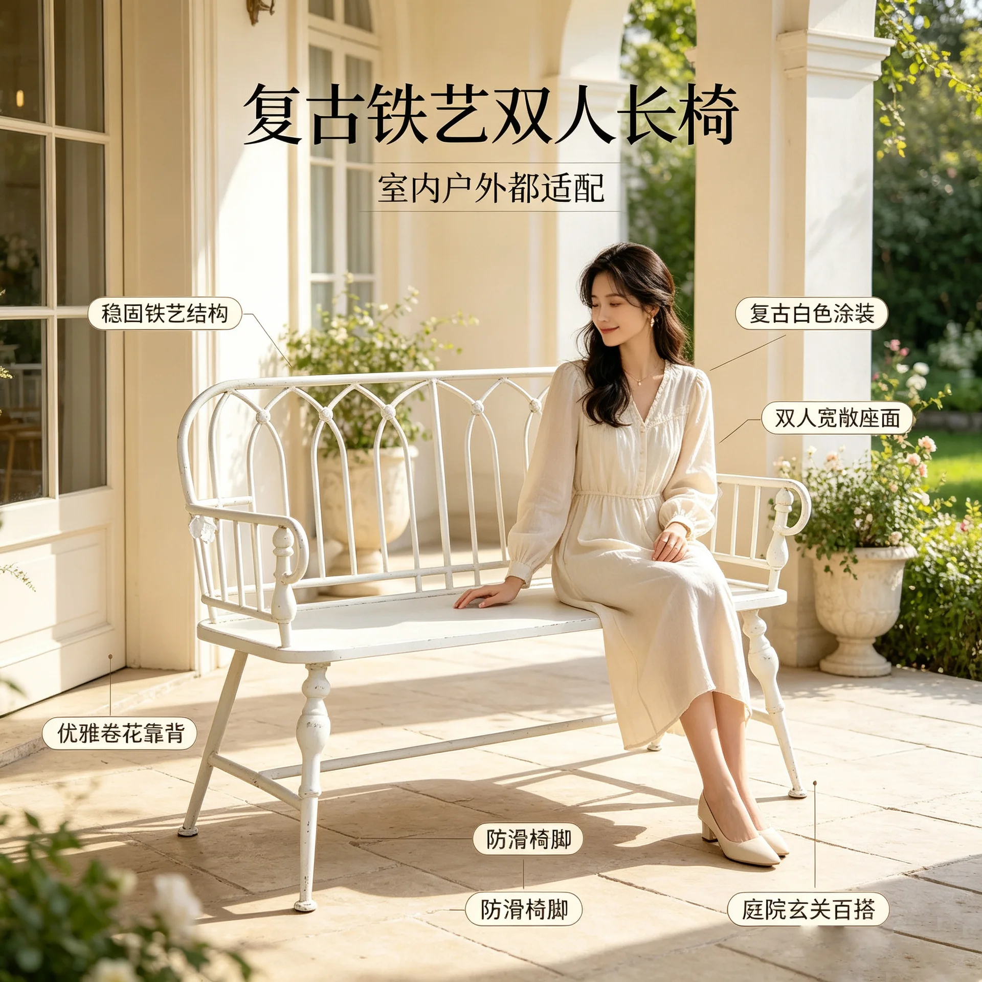Customizable European retro old white double chair iron Nordic style garden chair balcony outdoor leisure backrest
