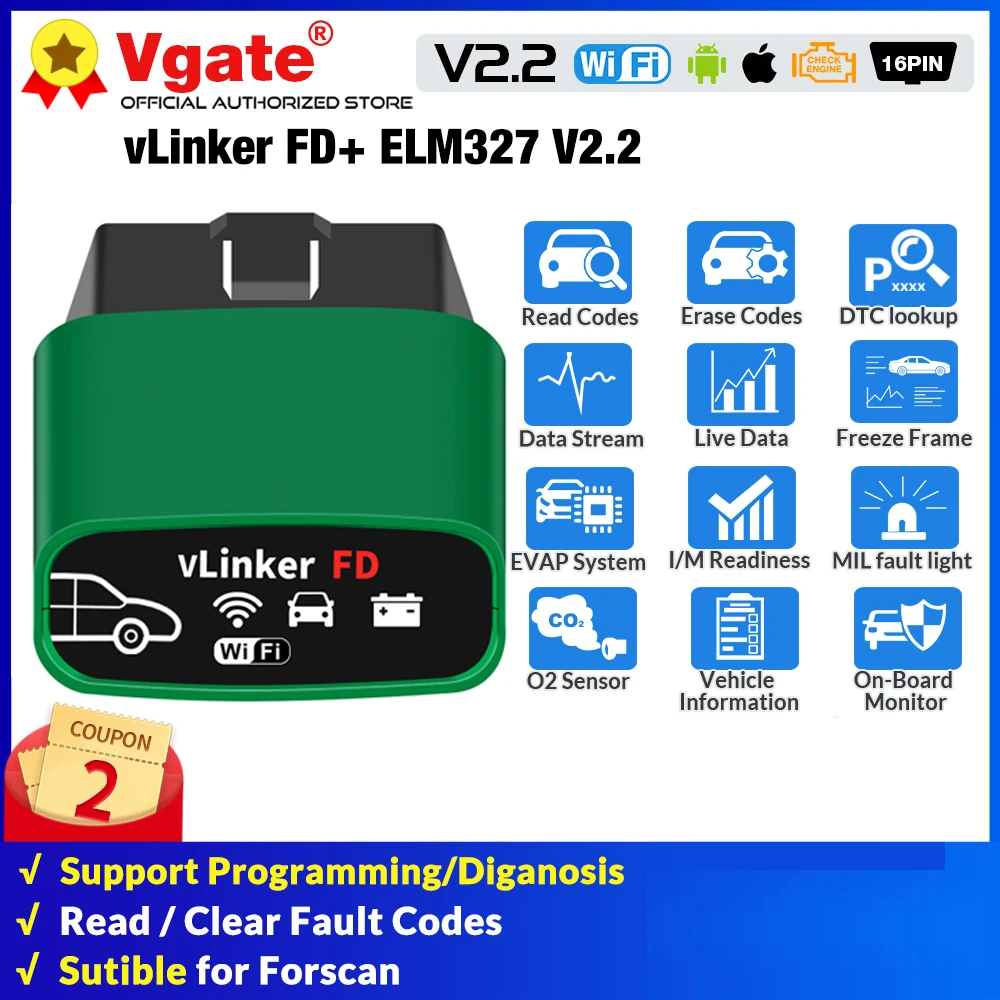 Vgate vLinker FD+ ELM327 V2.2 Bluetooth 4.0 FORScan For Ford wifi OBD2 Car Diagnostic OBD 2 Scanner J2534 Auto Tool ELM 327 V1.5