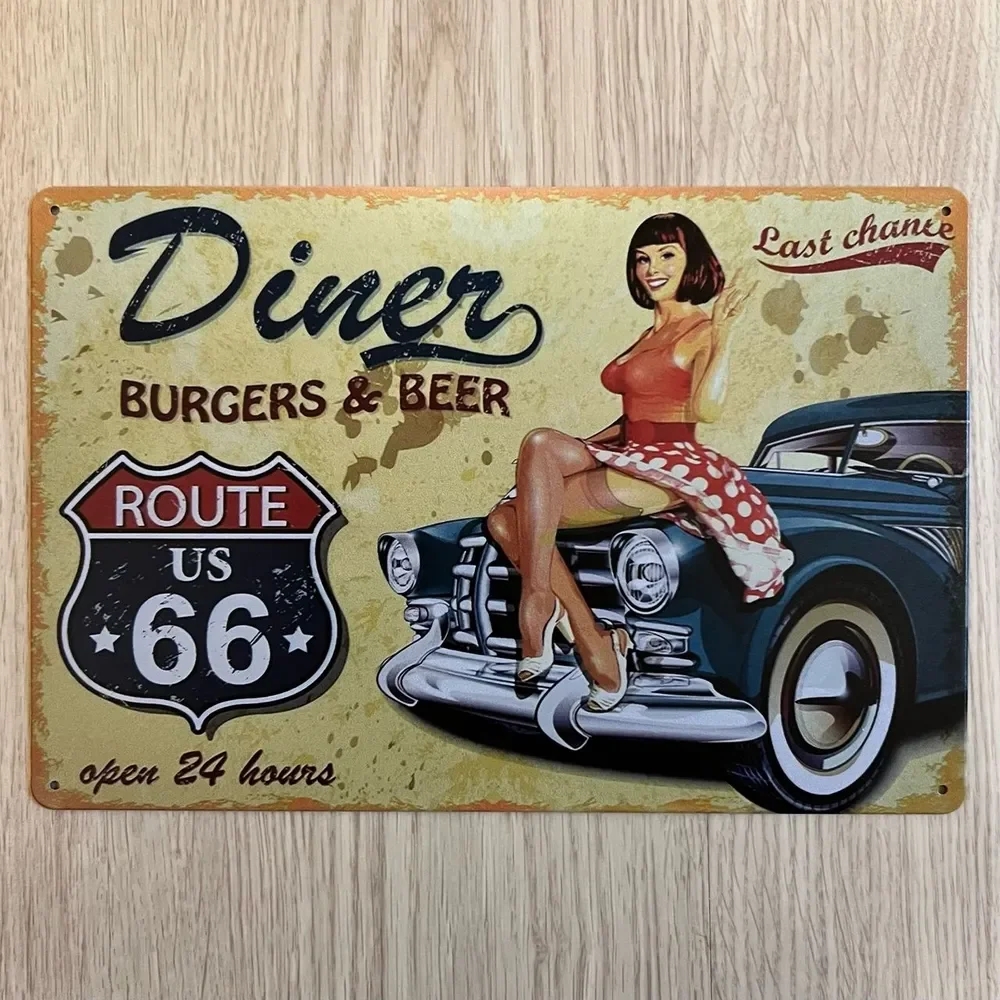 Vintage Route 66 Diner Metal Wall Sign Retro Pin‑up Girl Classic Car Aluminum Wall Plaque Bar Restaurant Wall Decor Gift
